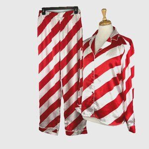 Boohoo Sz 8 Candy Cane Stripe Satin PJ 2 Pc Set Pajamas Red White Long Sleeves